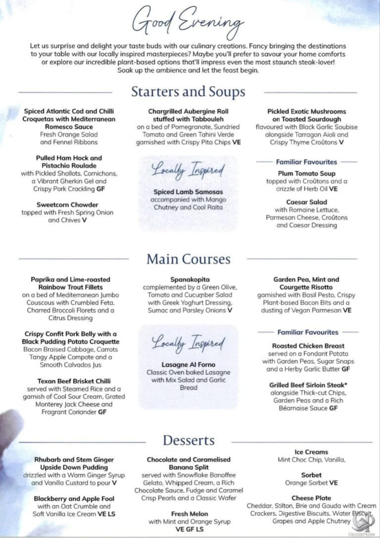 P&O Cruises Dinner Menus Guide