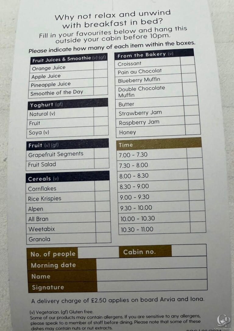 P&O Room Service Breakfast Menu: What You Can Order to Your Cabin