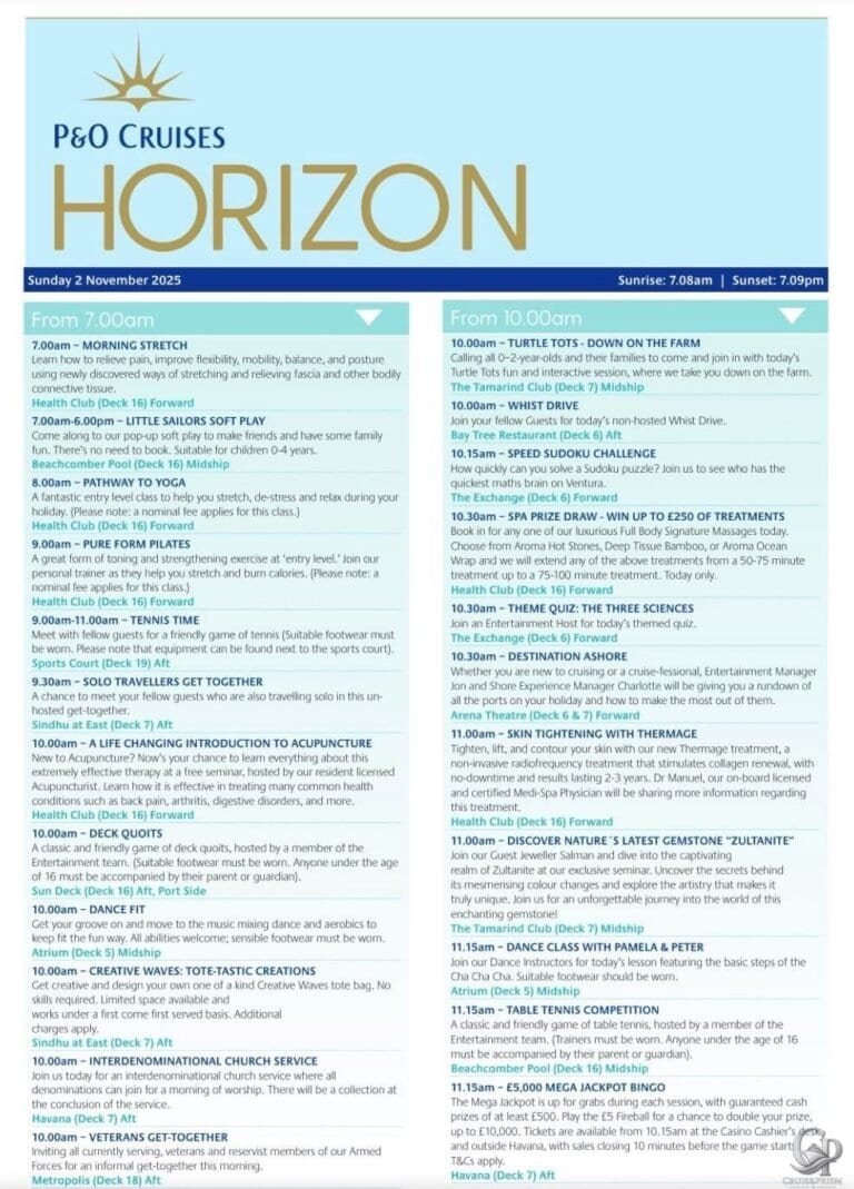 P&O Ventura Horizon Daily Programs and Onboard Activities