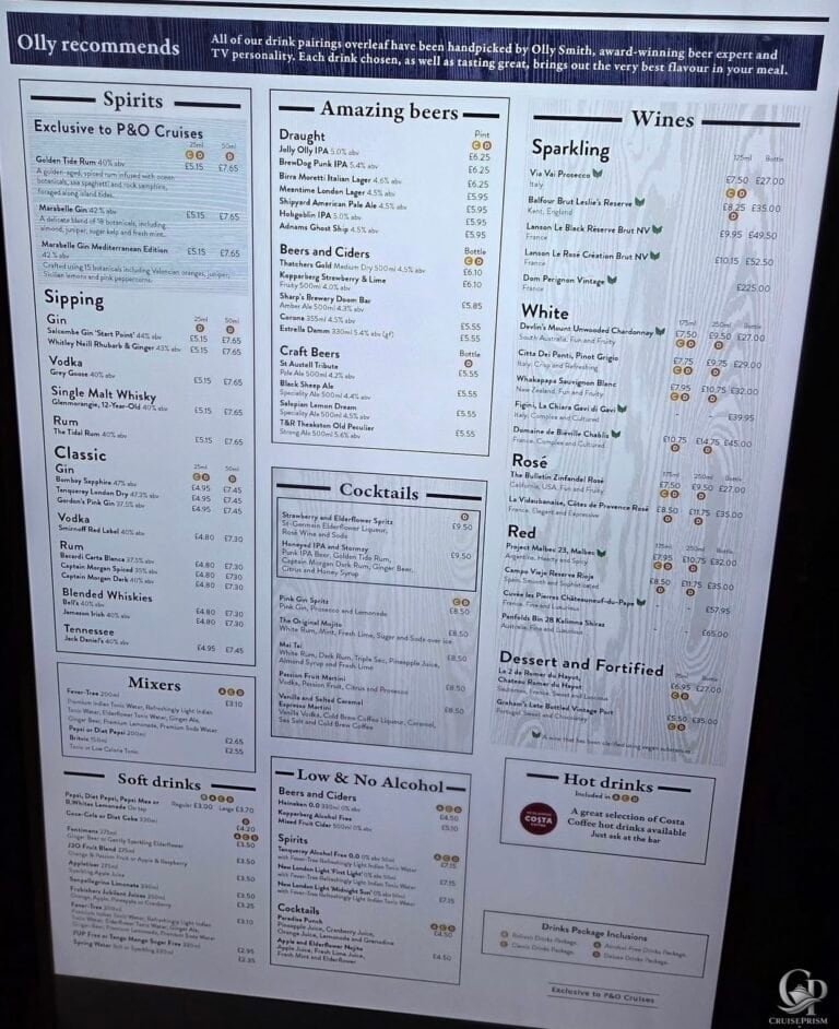 P&O Cruises Drinks Menu & Prices