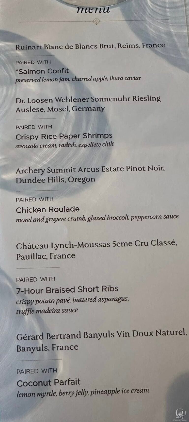 Regent Seven Seas Wine Pairing Menu Guide