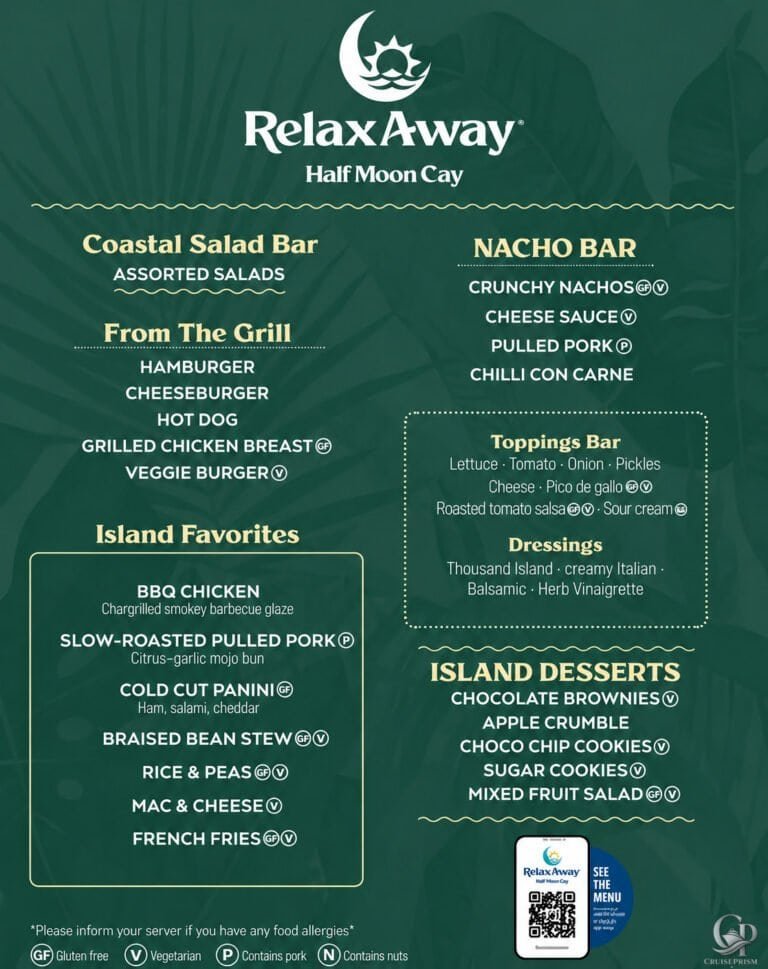 RelaxAway Half Moon Cay Food Menu: Grill, Island Favorites & Desserts