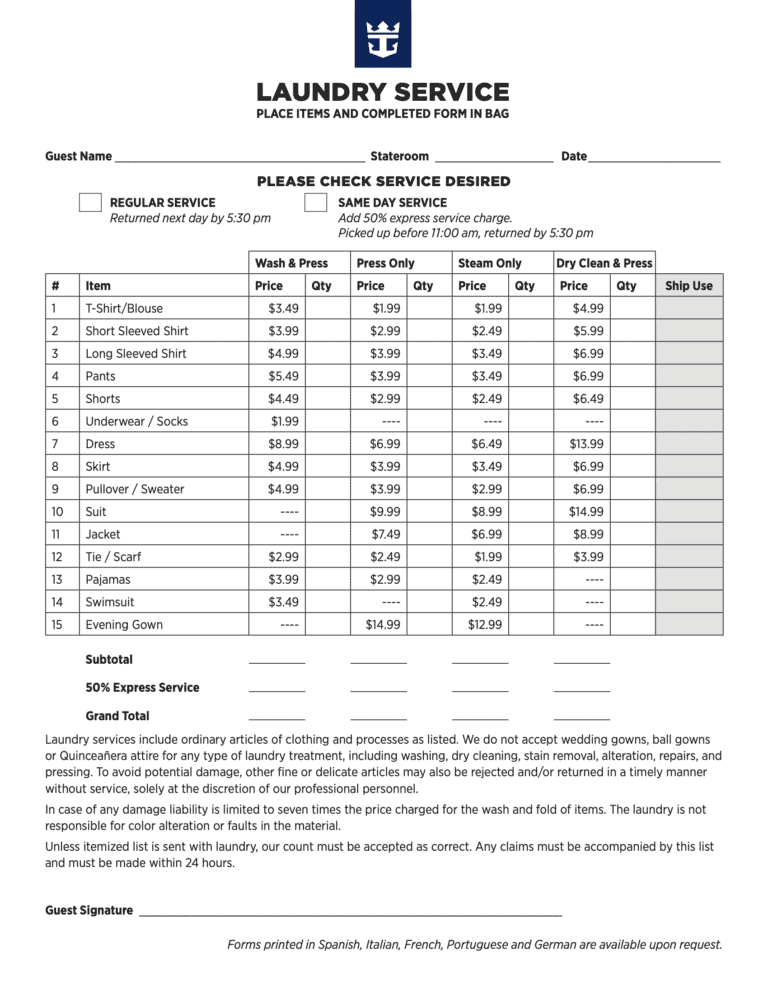 Royal Caribbean Laundry Service Prices and Options