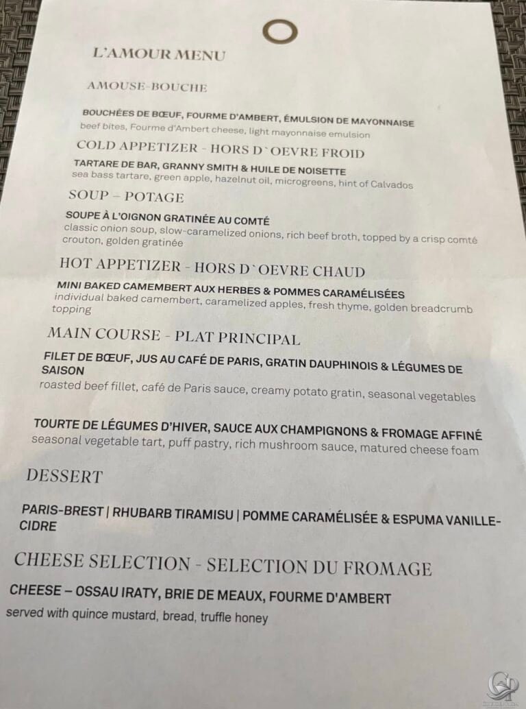 Scenic Gem L’Amour Dinner Menu