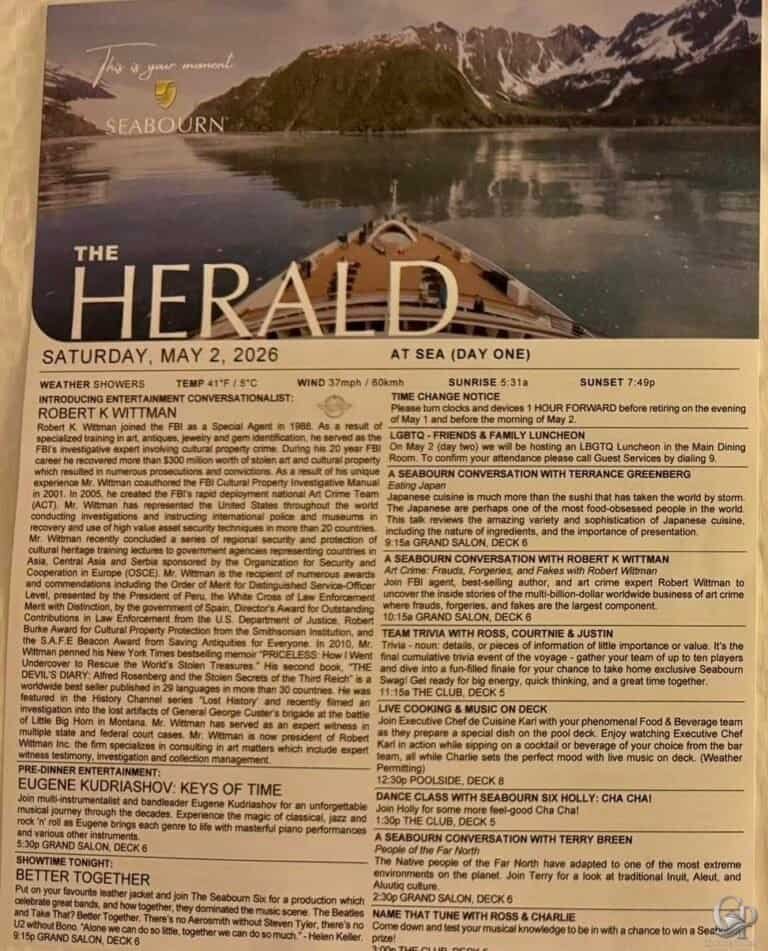 Seabourn Herald Daily Program: At Sea