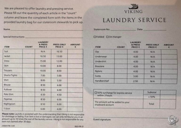Viking Cruise Laundry Prices: Complete Onboard Price List
