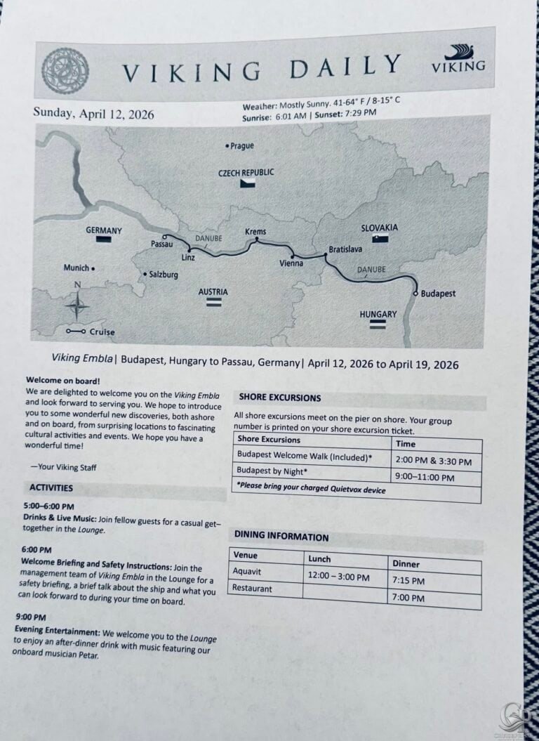 Viking Embla Daily Program: Budapest to Passau
