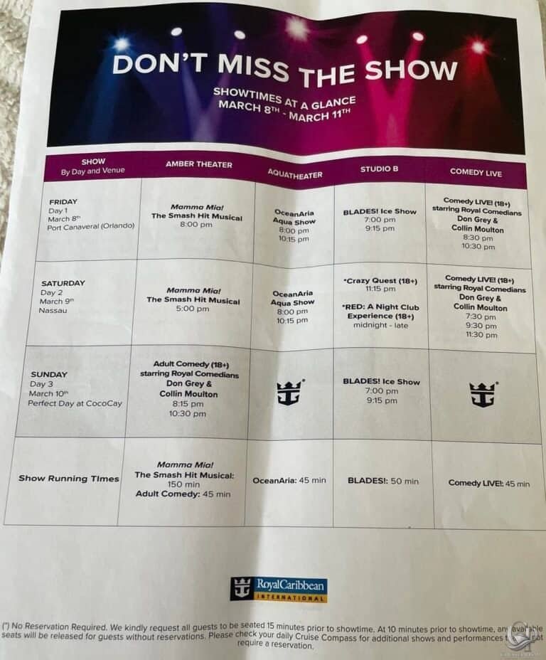 Allure of the Seas Entertainment Schedule