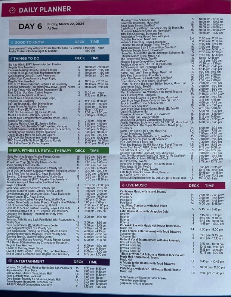 Anthem of the Seas Cruise Compass Daily Planner