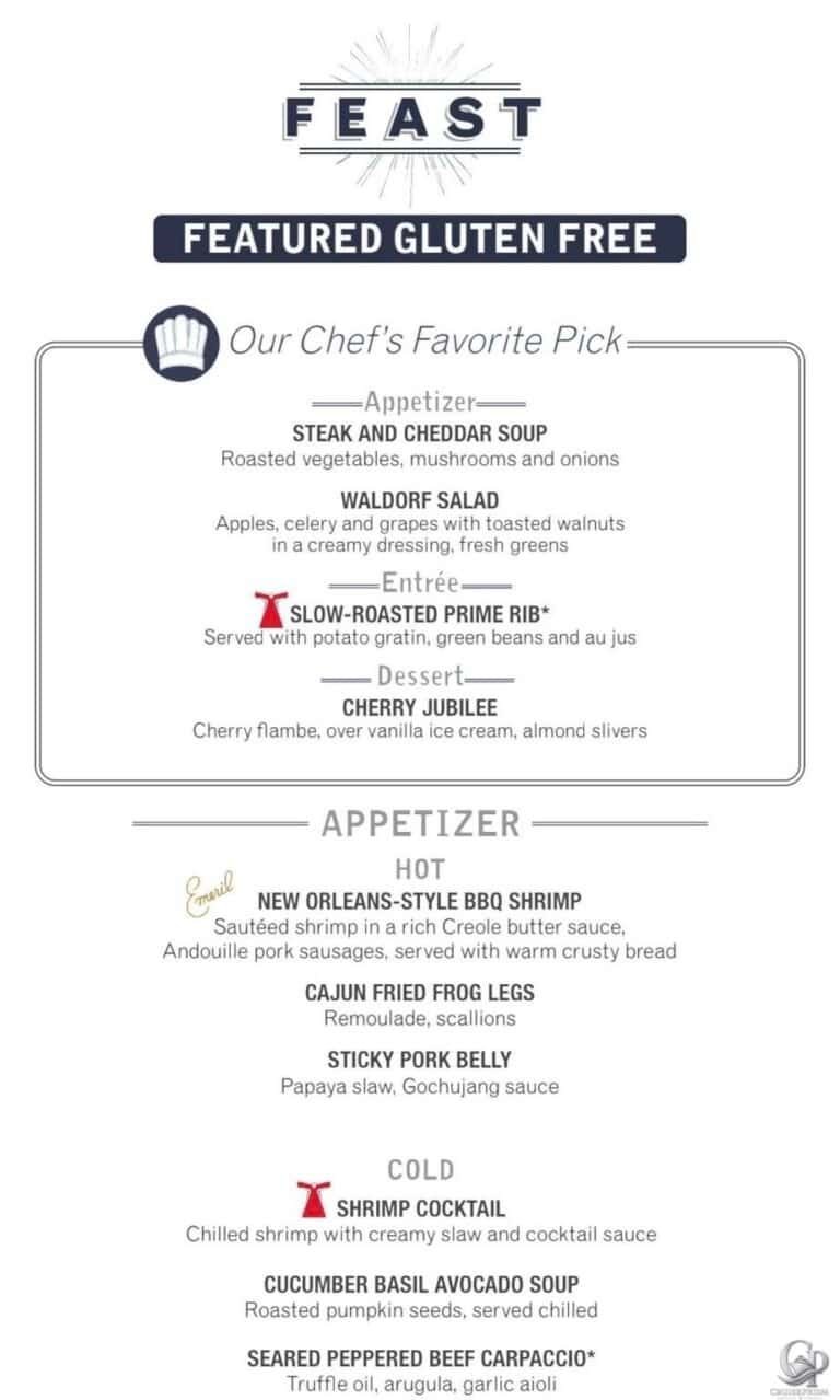 Carnival Cruise Line Gluten-Free Dinner Menus