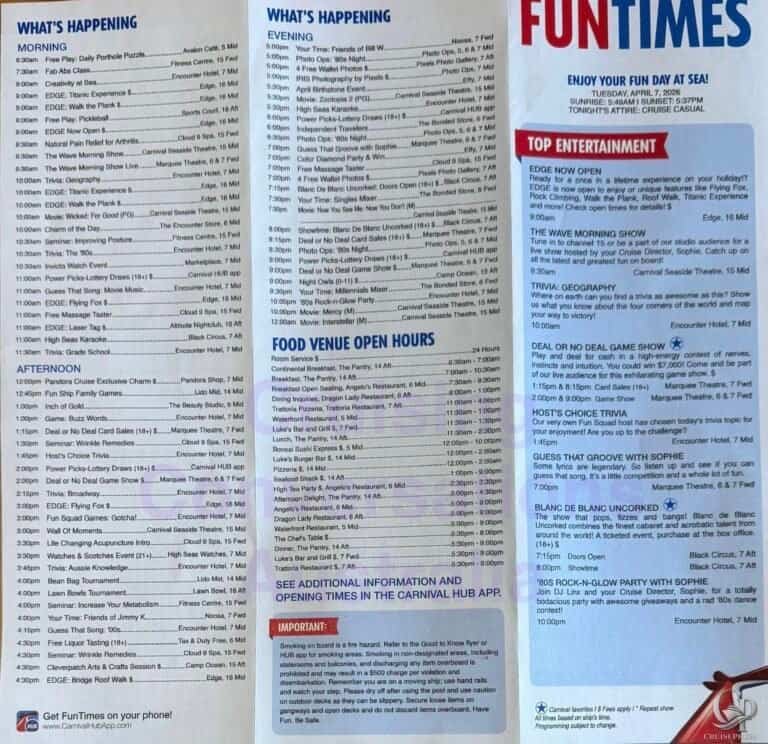 Carnival Encounter FunTimes Daily Programs
