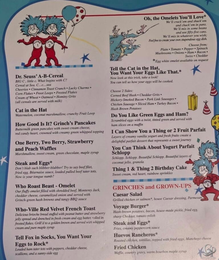 Carnival Dr. Seuss Green Eggs and Ham Breakfast Menu