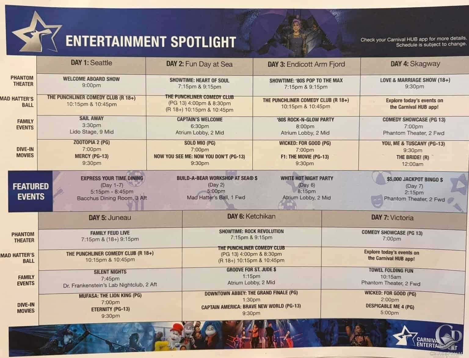 Carnival Sunrise Entertainment Schedule: 5-Day Bahamas