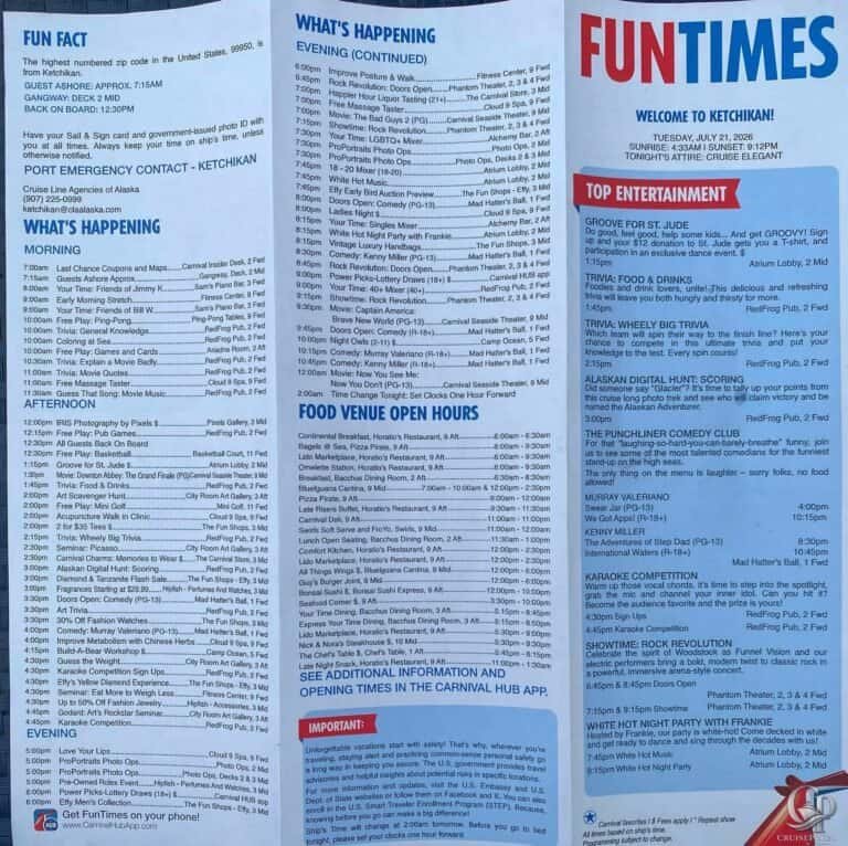 Carnival Miracle FunTimes: Alaska Daily Programs