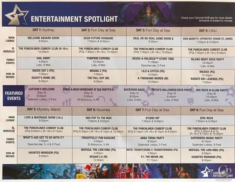 Carnival Splendor Entertainment Schedule