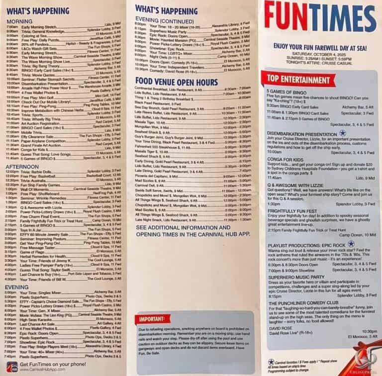 Carnival Splendor FunTimes: South Pacific Daily Programs