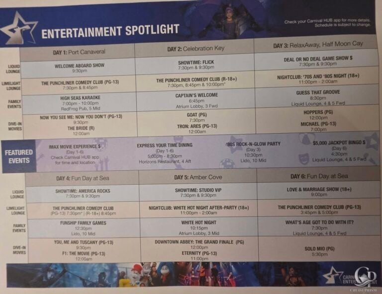 Carnival Vista Entertainment Schedule: 6-Day Cruise