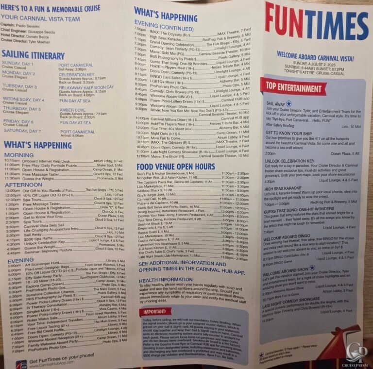 Carnival Vista FunTimes Daily Programs