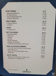 Emerald Cruises Drinks Menu with Prices