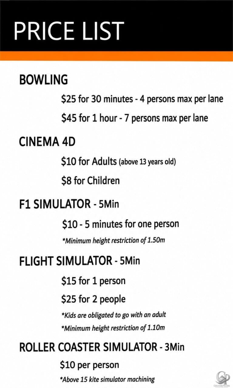 MSC Meraviglia Bowling, Cinema & Simulator Prices