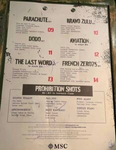 MSC World America Speakeasy Bar Menu