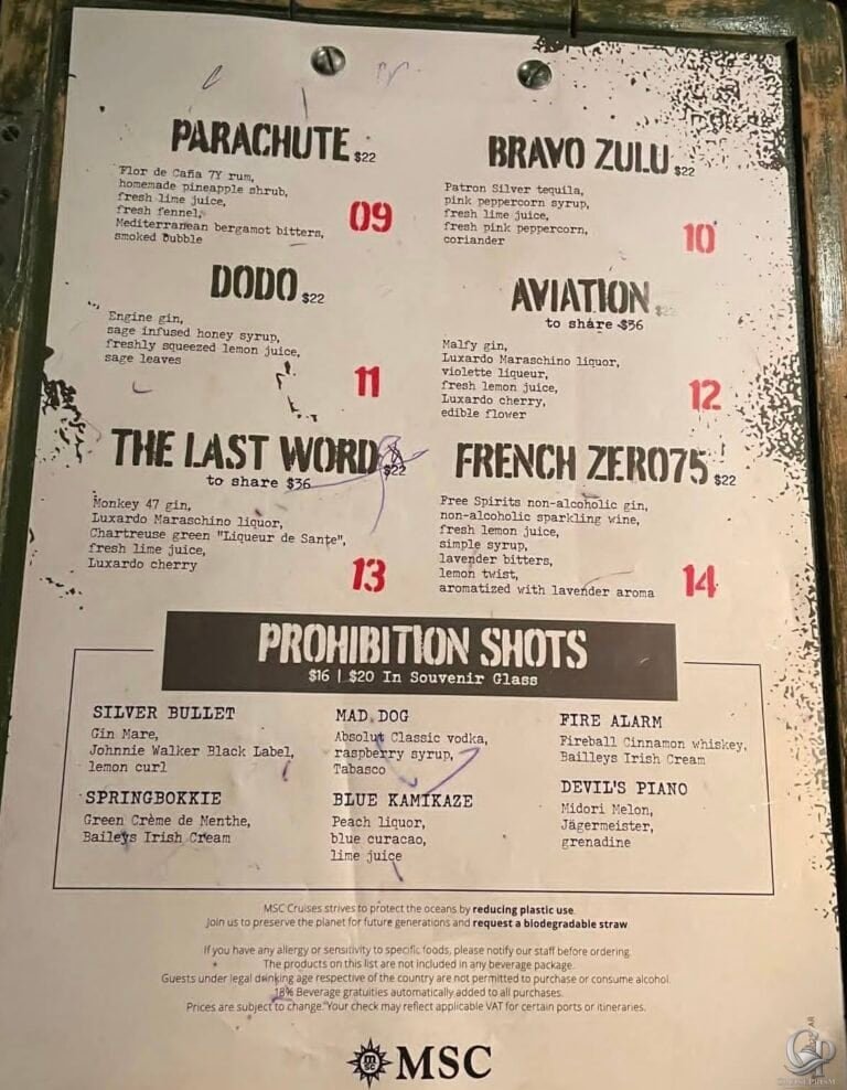 MSC World America Speakeasy Bar Menu