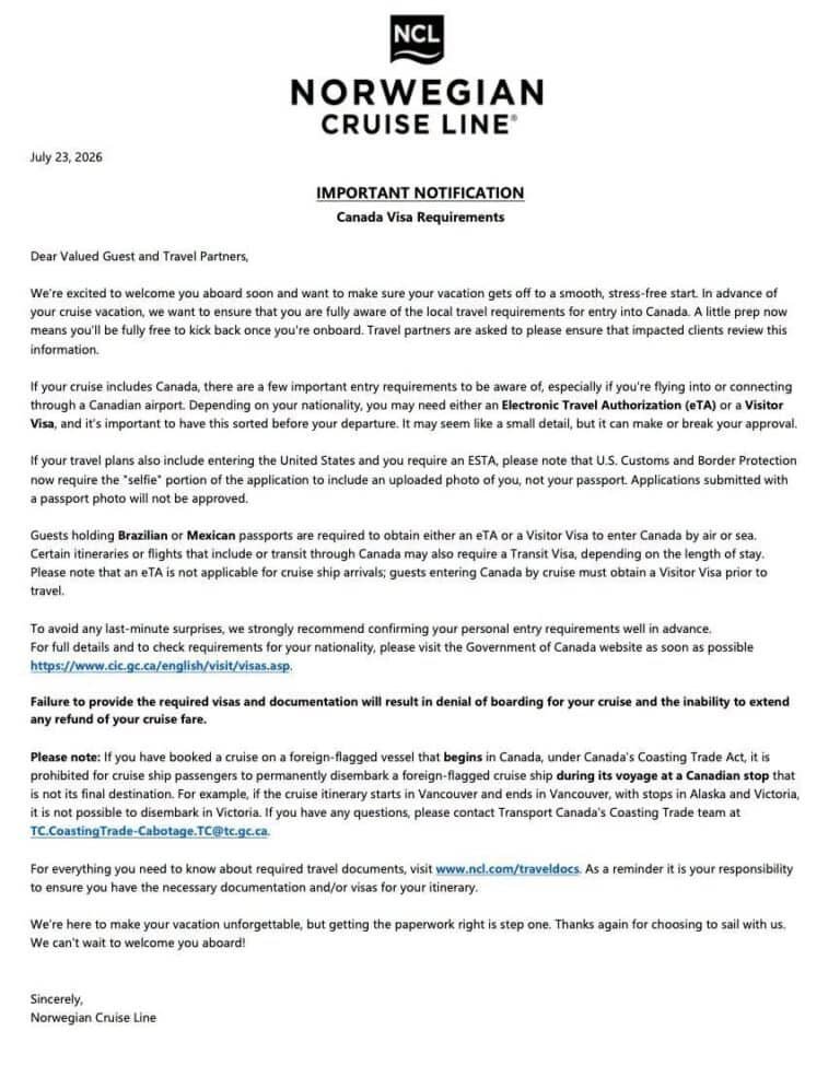 Norwegian Cruise Line Canada Visa Requirements