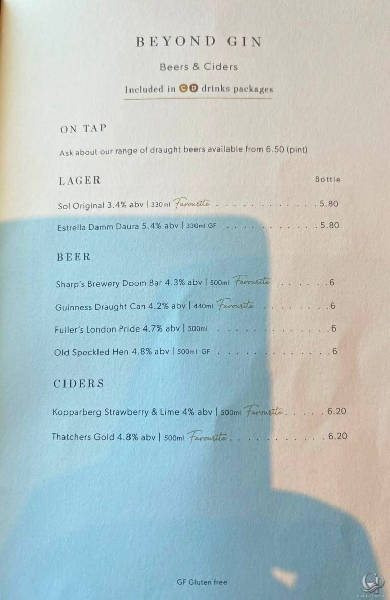 P&O Cruises Anderson’s Bar Menu and Drink Prices
