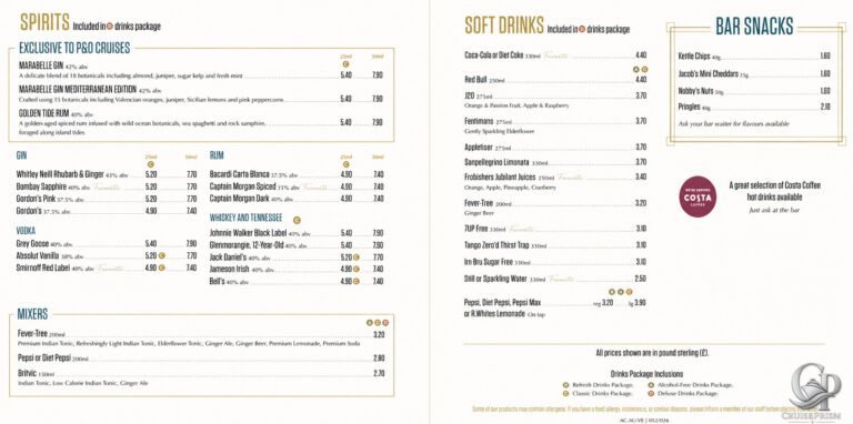 P&O Cruises The Exchange Bar Menu and Drink Prices