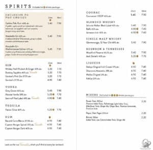P&O Cruises Ventura Havana Drinks Menu and Prices