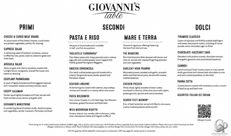 Royal Caribbean Giovanni’s Table Menu