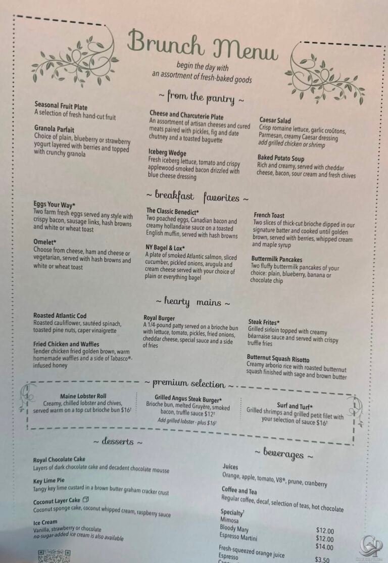 Royal Caribbean Main Dining Room Brunch Menu