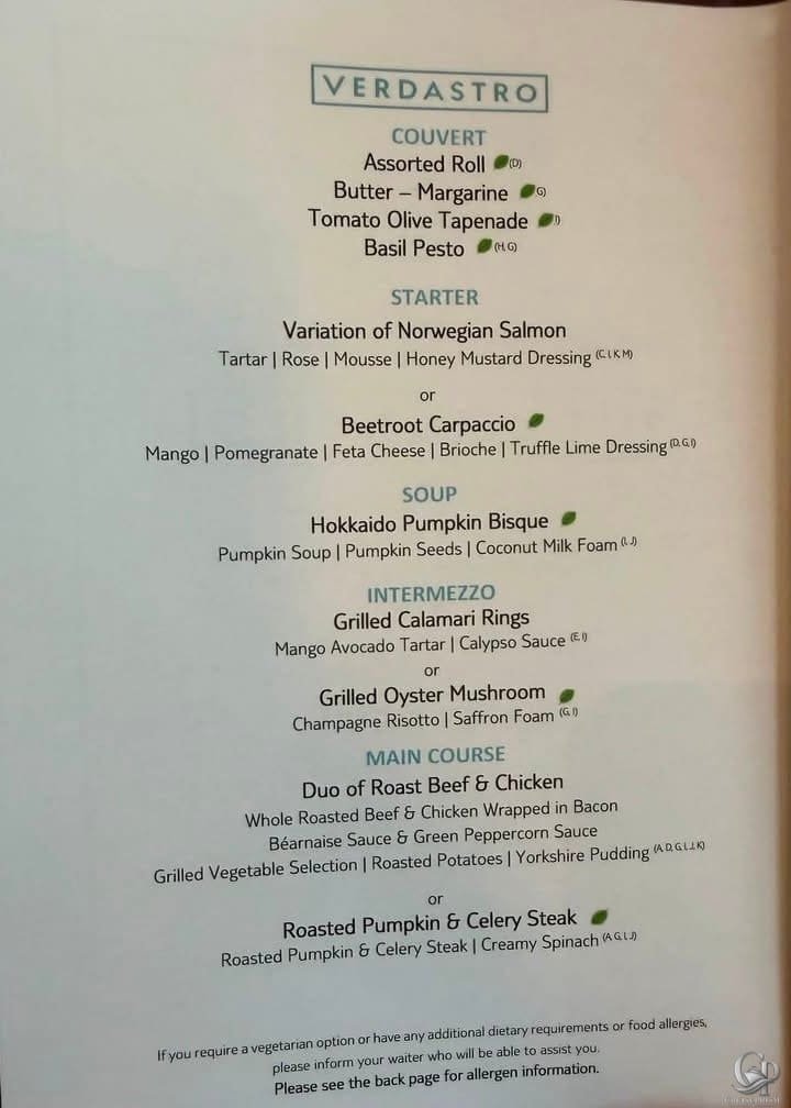 TUI River Cruises Verdastro Gala Dinner Menu