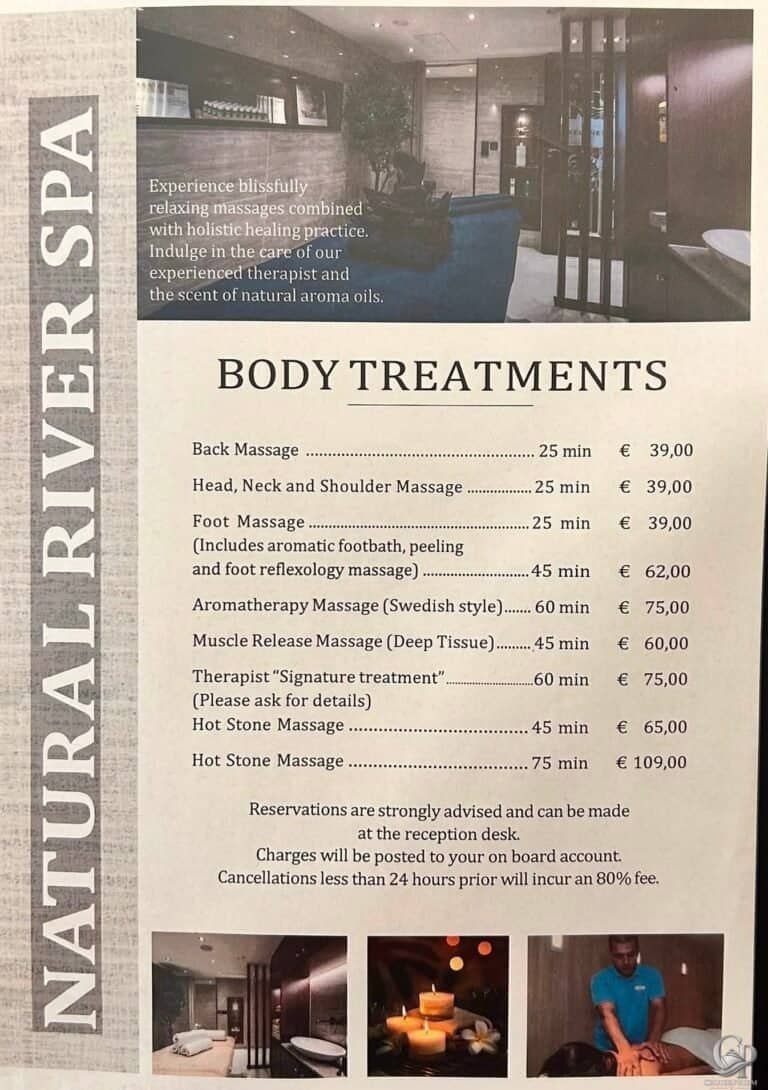 Tauck River Cruise Spa Prices and Massage Menu