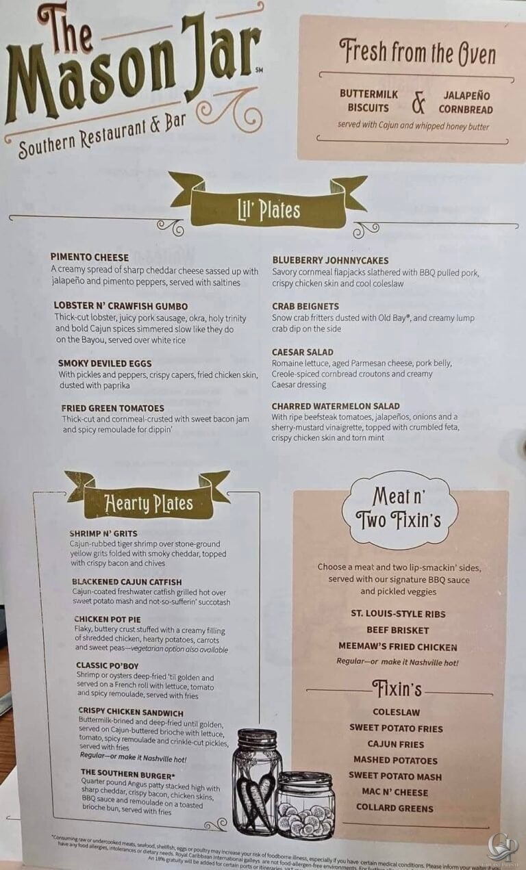 The Mason Jar Royal Caribbean Dinner Menu
