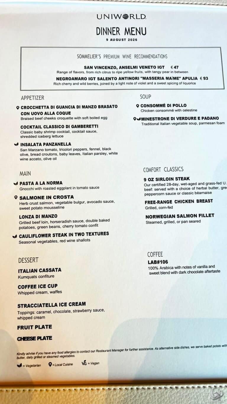 Uniworld La Venezia Dinner Menu