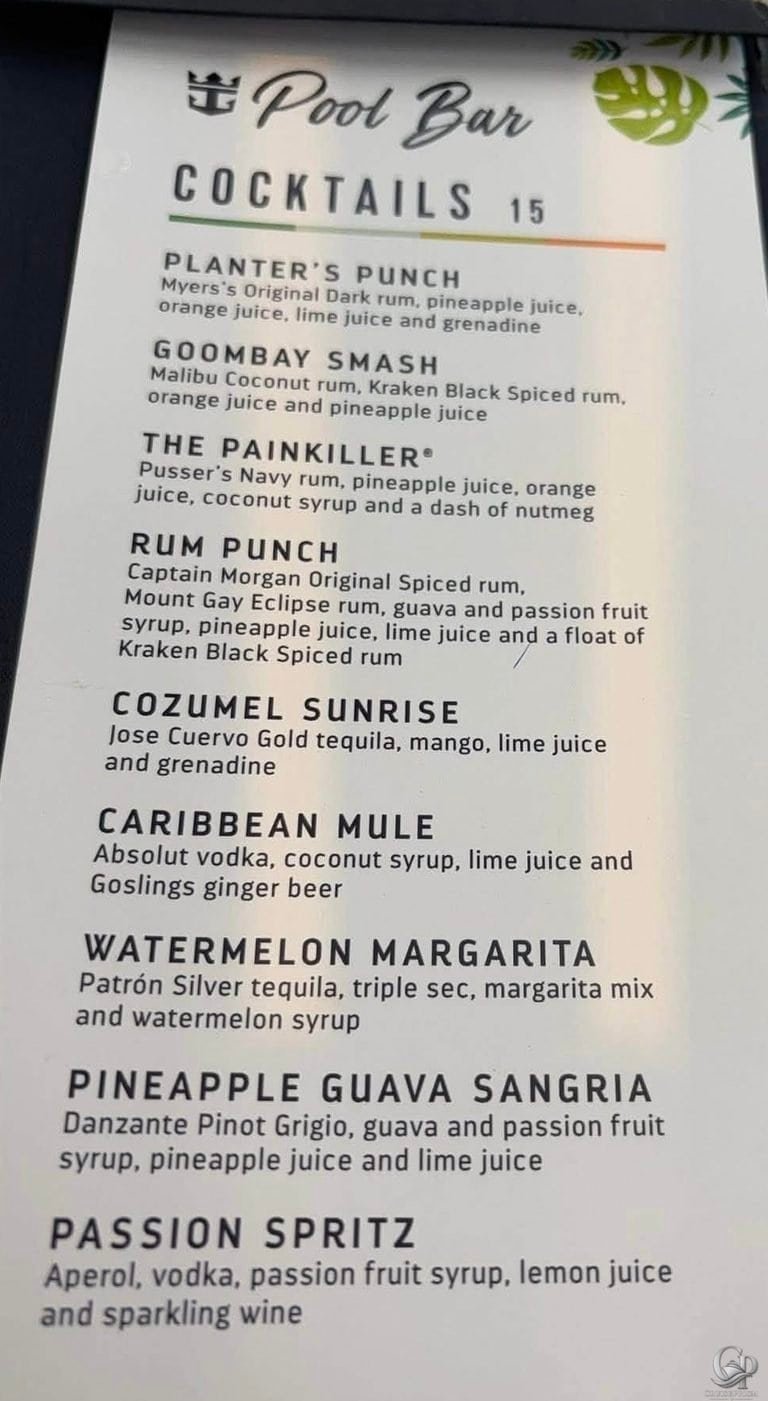 Anthem of the Seas Pool Bar Menu & Prices: Australia Sailings