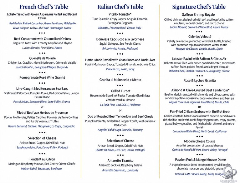 Azamara Chef’s Table Menus: French, Italian and Signature Dining Experience