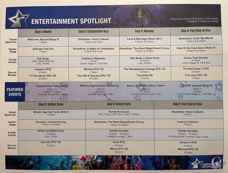 Carnival Celebration Entertainment Schedule & Shows Guide