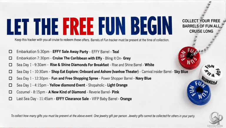 Carnival Cruise Line EFFY Free Jewelry: Barrels of Fun Tracker & Events