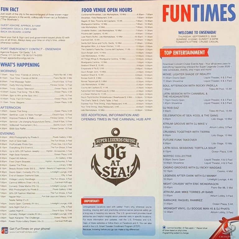 Carnival Panorama Fun Times: 5-Day Super Legends Cruise Daily Programs