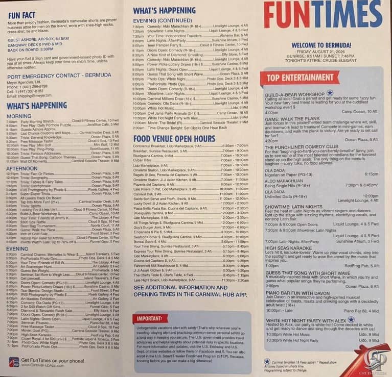 Carnival Sunshine FunTimes Daily Program: 8-Night Bermuda Cruise