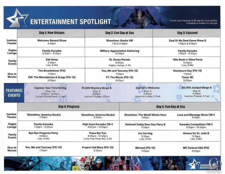 Carnival Valor Entertainment Schedule: Shows, Parties & Dive-In Movies