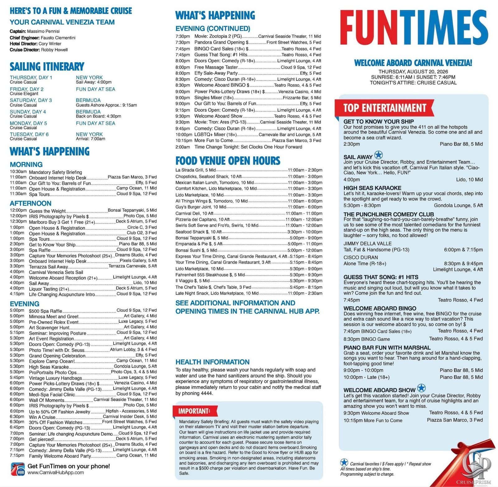Carnival Venezia Fun Times: 5-Day Bermuda Daily Program