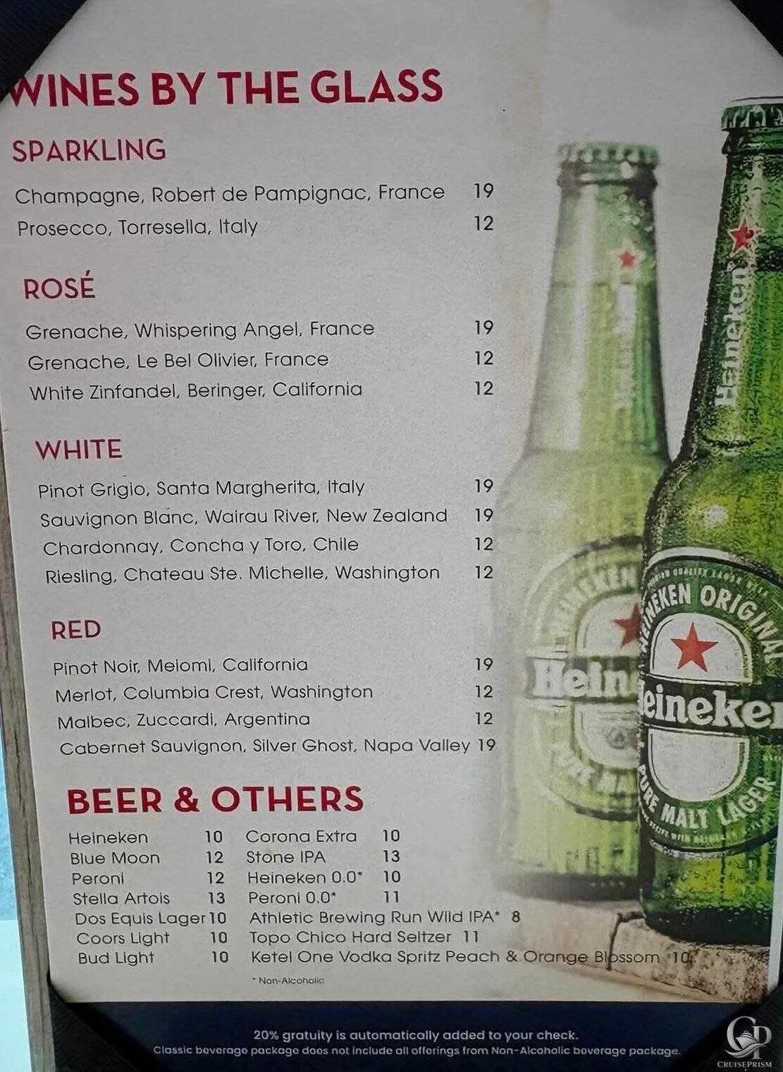 Celebrity Beyond Oceanview Cafe Beer and Wine Menu & Prices