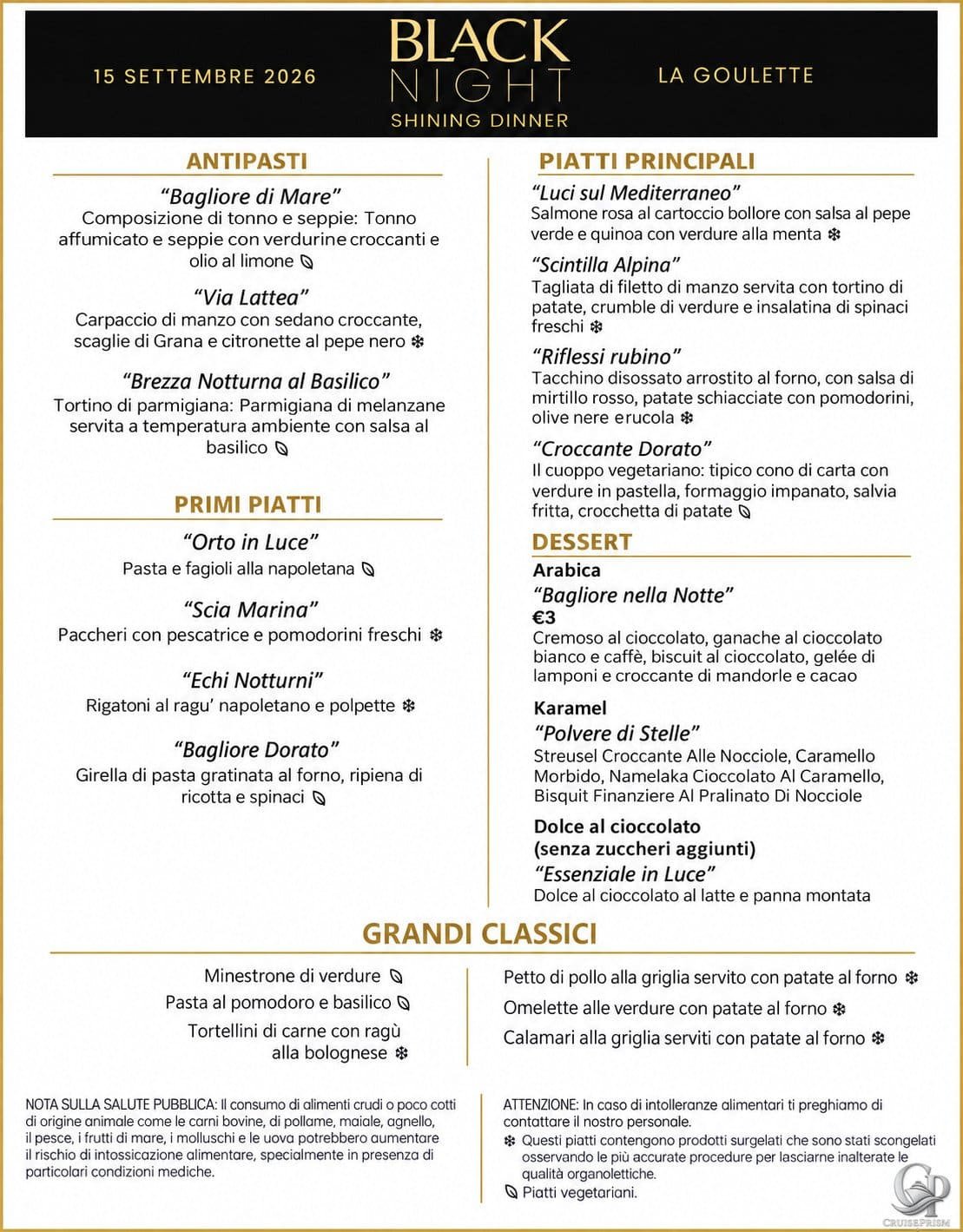 Costa Crociere Black Night: menu dello Shining Dinner a bordo di Costa Fascinosa