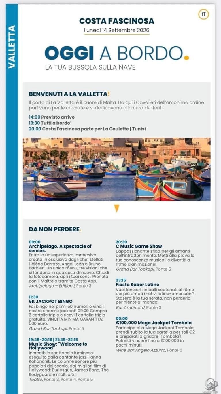 Costa Fascinosa Oggi a Bordo: Programma Giornaliero a La Valletta, Malta