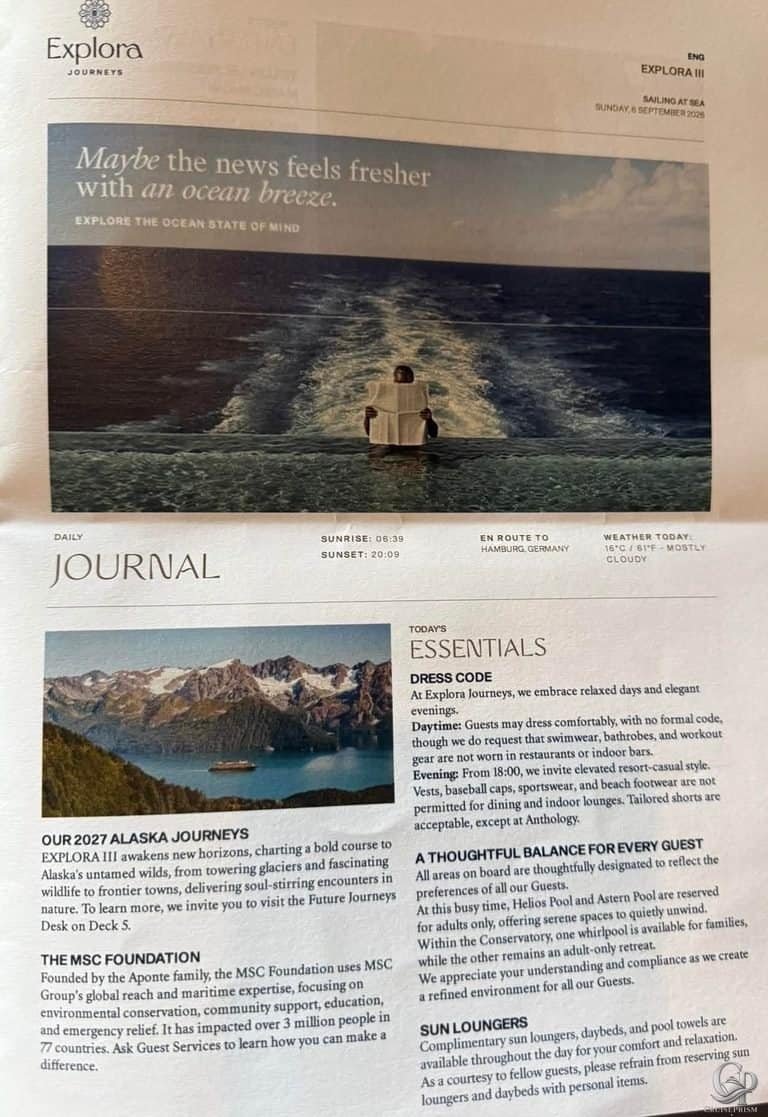 Explora III Daily Journal: Sea Day Activities, Dining & Entertainment