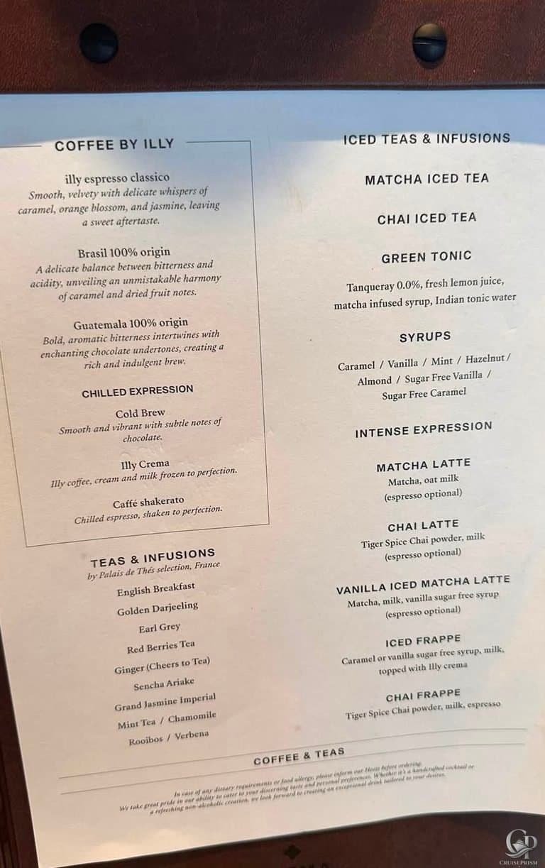 Explora Journeys Crema Café Coffee & Tea Menu