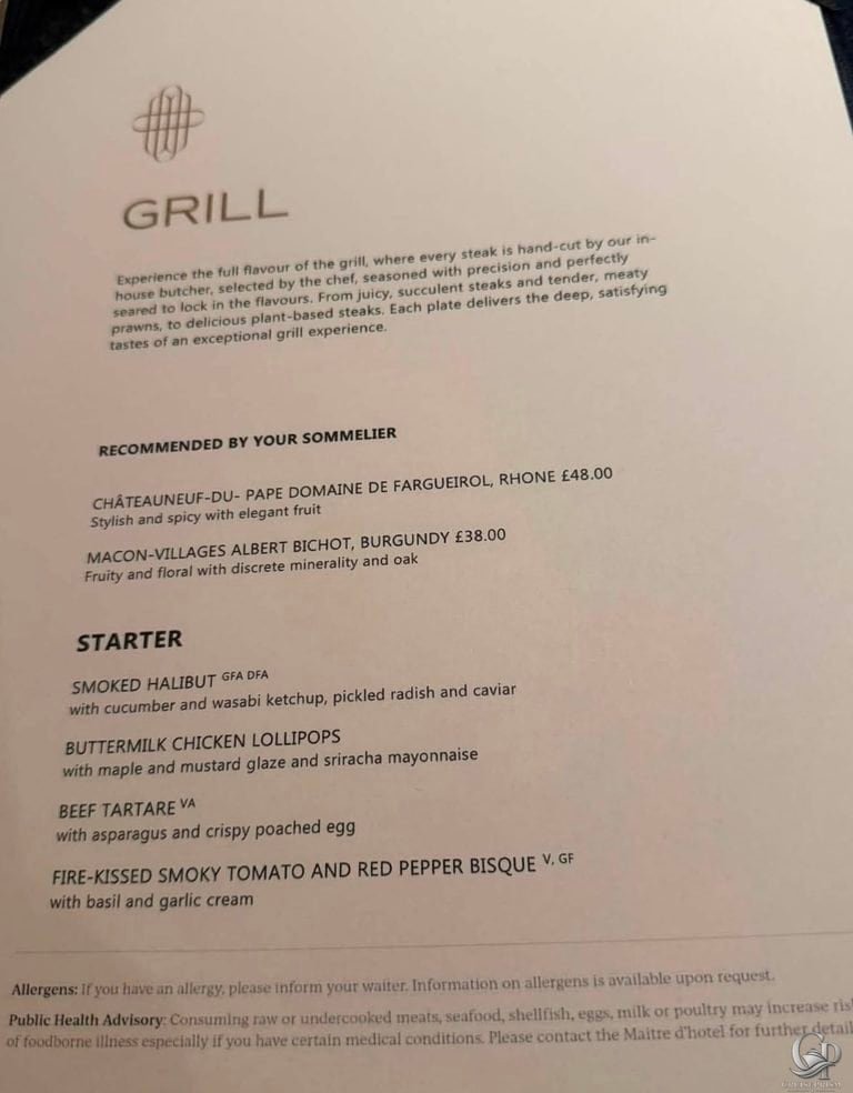 Fred. Olsen Borealis Colours & Tastes Grill Menu